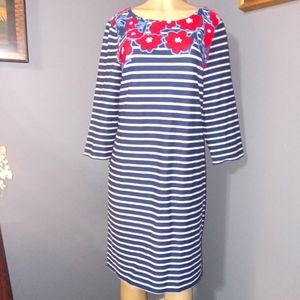 TALBOTS LONG SLEEVED BLUE & WHITE STRIPED DRESS W/ RED FLORAL PRINT SZ XLG
